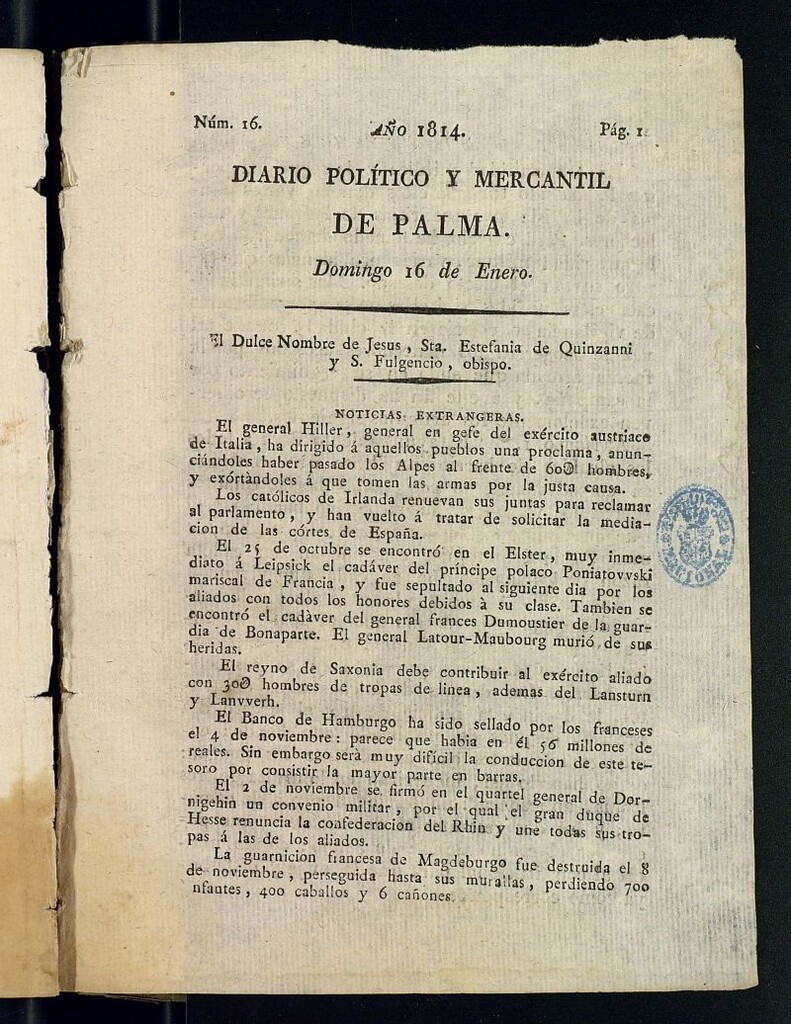 Miniatura de Diario Político y Mercantil de Palma del 16 de enero de 1814, nº 16