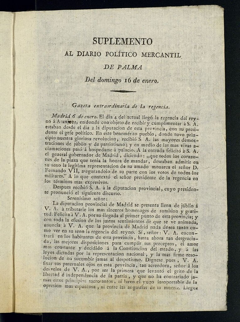 Miniatura de Diario Político y Mercantil de Palma del 16 de enero de 1814, suplemento