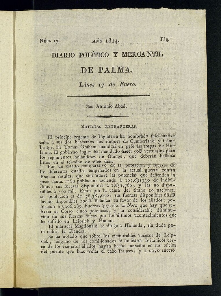 Miniatura de Diario Político y Mercantil de Palma del 17 de enero de 1814, nº 17