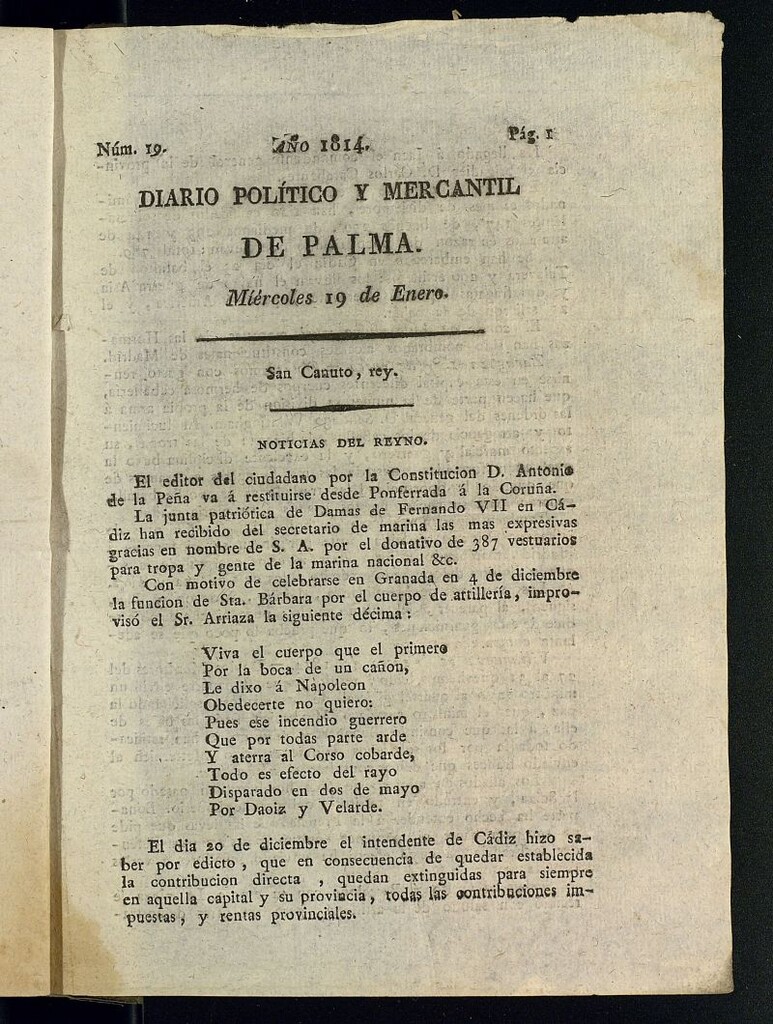 Miniatura de Diario Político y Mercantil de Palma del 19 de enero de 1814, nº 19