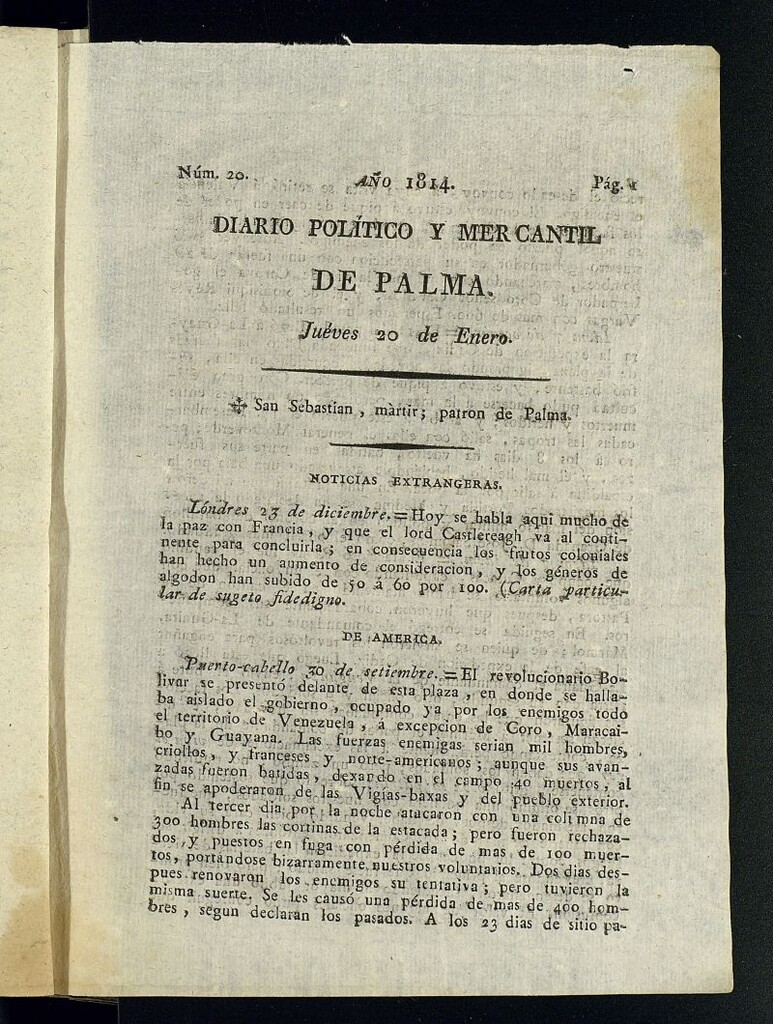 Miniatura de Diario Político y Mercantil de Palma del 20 de enero de 1814, nº 20