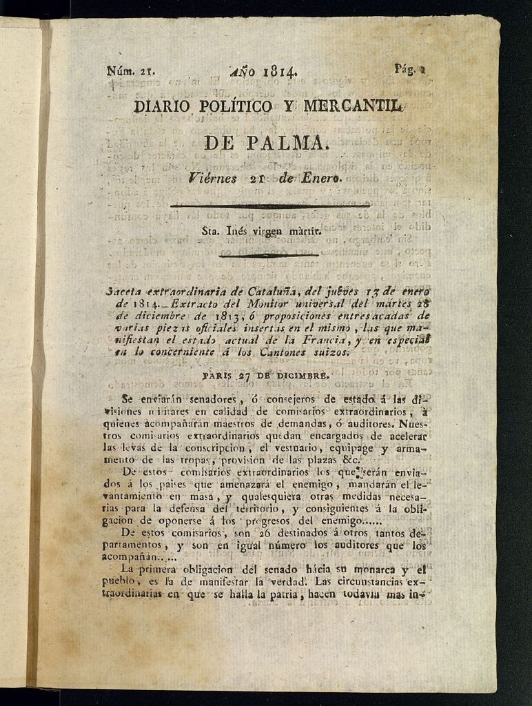 Miniatura de Diario Político y Mercantil de Palma del 21 de enero de 1814, nº 21