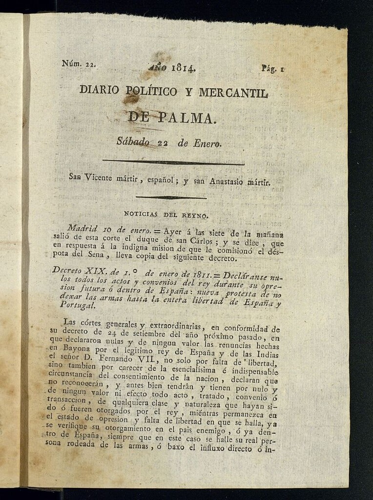 Miniatura de Diario Político y Mercantil de Palma del 22 de enero de 1814, nº 22
