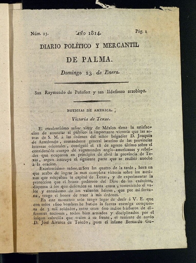 Miniatura de Diario Político y Mercantil de Palma del 23 de enero de 1814, nº 23
