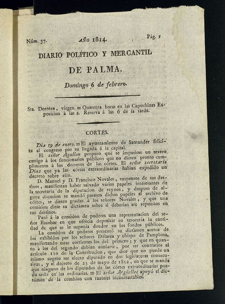 Miniatura de Diario Político y Mercantil de Palma del 6 de febrero de 1814, nº 37