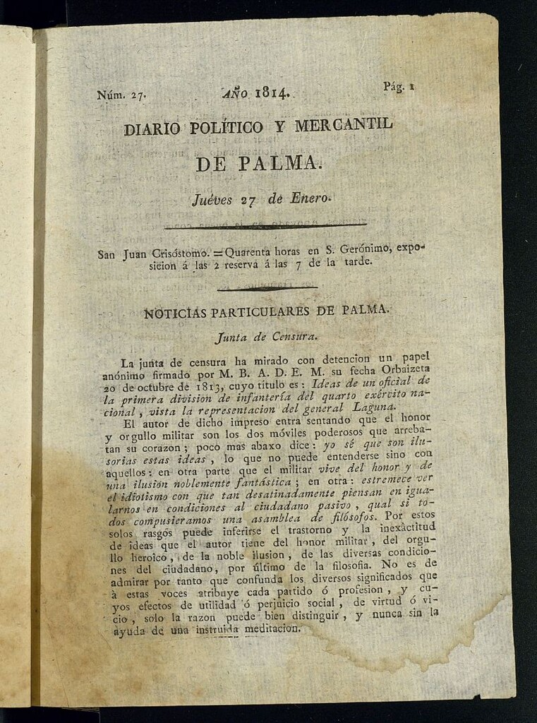 Miniatura de Diario Político y Mercantil de Palma del 27 de enero de 1814, nº 27