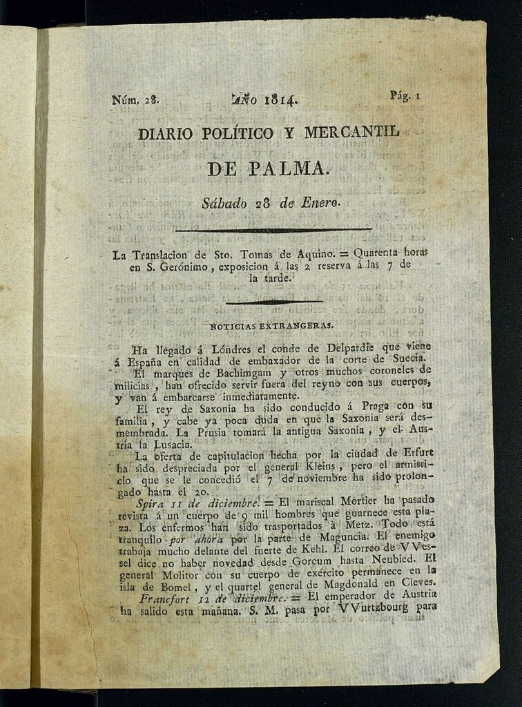 Miniatura de Diario Político y Mercantil de Palma del 28 de enero de 1814, nº 28
