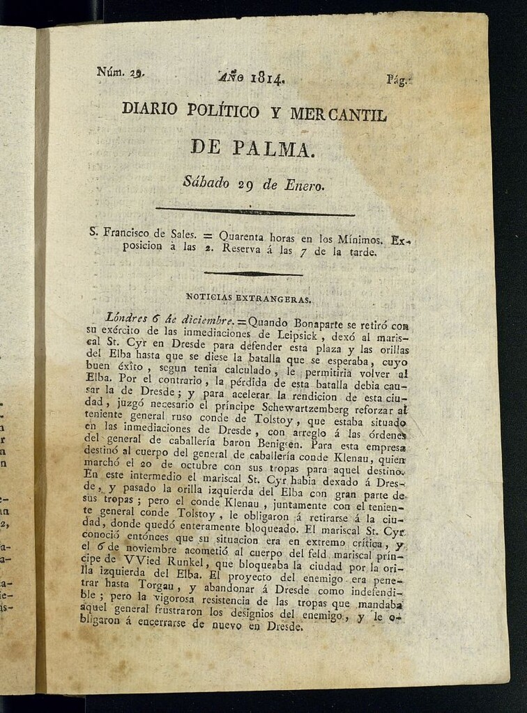 Miniatura de Diario Político y Mercantil de Palma del 29 de enero de 1814, nº 29