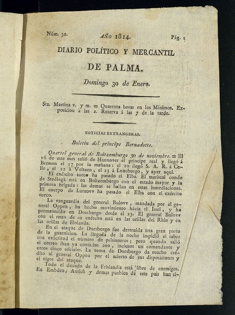 Miniatura de Diario Político y Mercantil de Palma del 30 de enero de 1814, nº 30