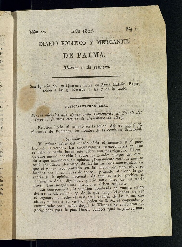 Miniatura de Diario Político y Mercantil de Palma del 1 de febrero de 1814, nº 32
