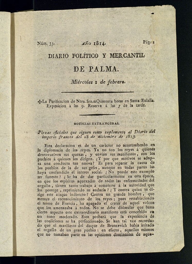 Miniatura de Diario Político y Mercantil de Palma del 2 de febrero de 1814, nº 33