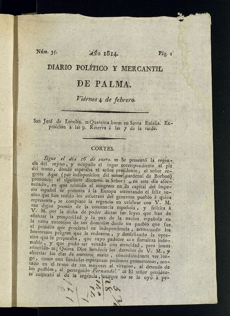 Miniatura de Diario Político y Mercantil de Palma del 4 de febrero de 1814, nº 35