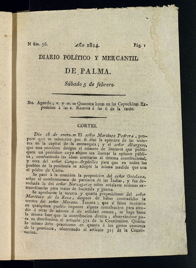 Miniatura de Diario Político y Mercantil de Palma del 5 de febrero de 1814, nº 36