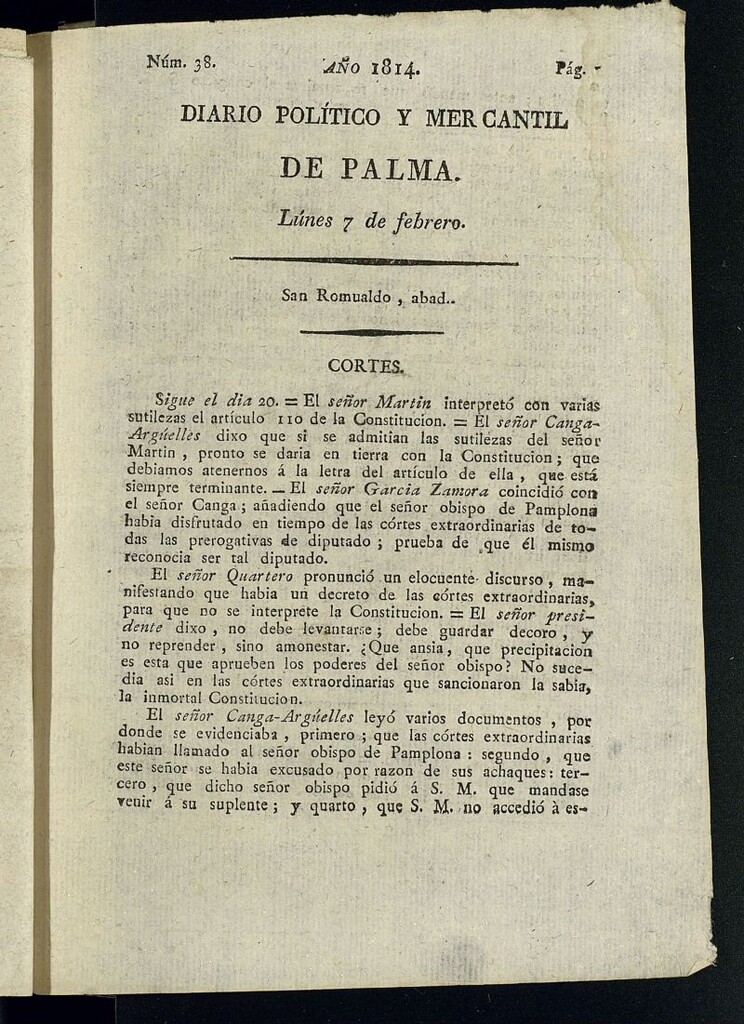 Miniatura de Diario Político y Mercantil de Palma del 7 de febrero de 1814, nº 38