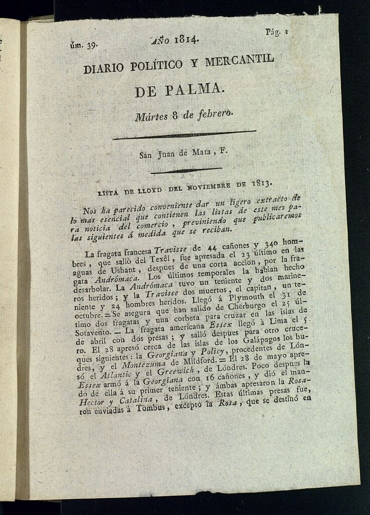 Miniatura de Diario Político y Mercantil de Palma del 8 de febrero de 1814, nº 39