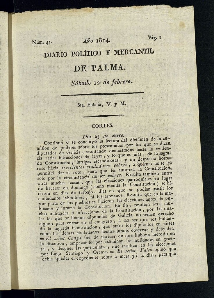 Miniatura de Diario Político y Mercantil de Palma del 12 de febrero de 1814, nº 42