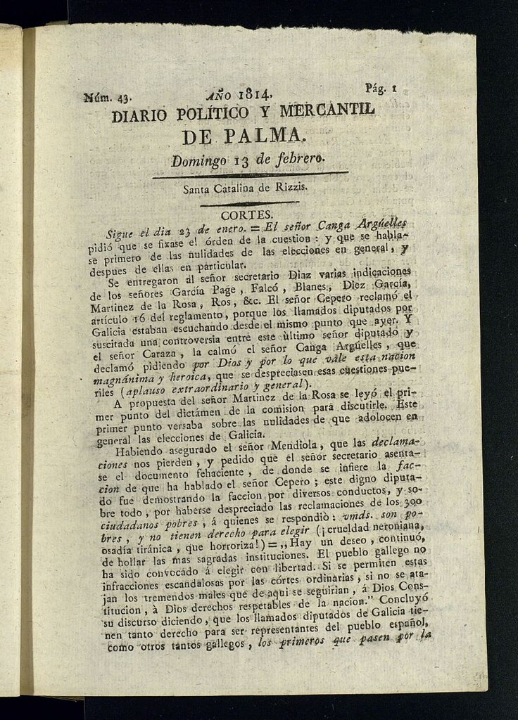 Miniatura de Diario Político y Mercantil de Palma del 13 de febrero de 1814, nº 43