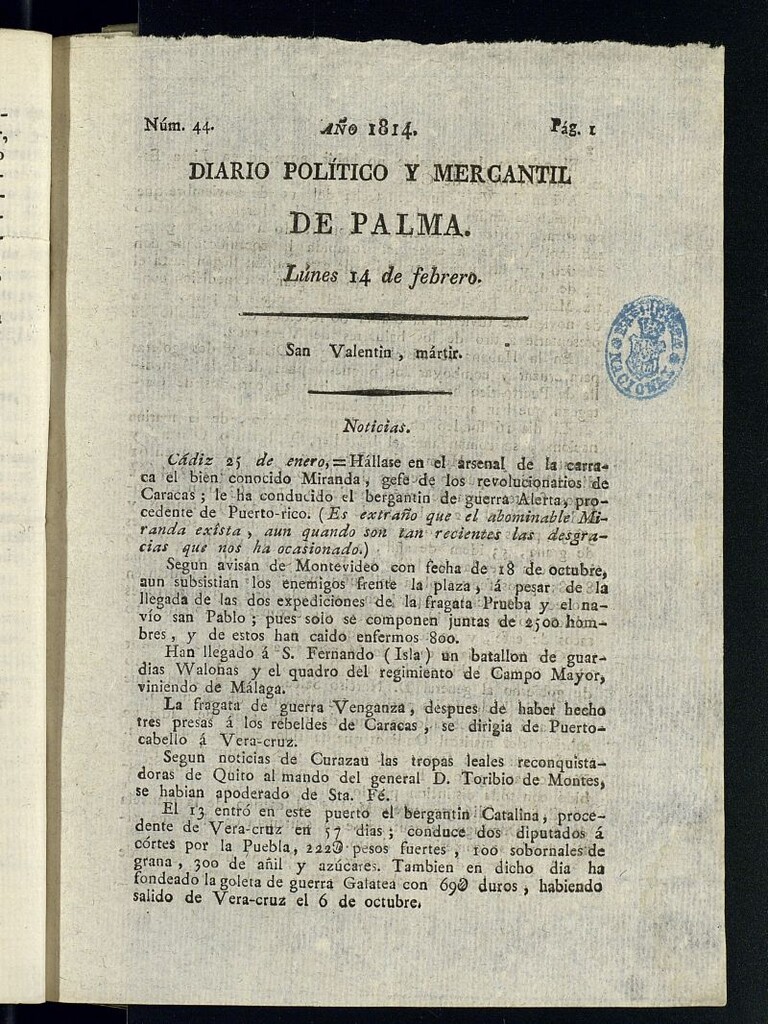 Miniatura de Diario Político y Mercantil de Palma del 14 de febrero de 1814, nº 44