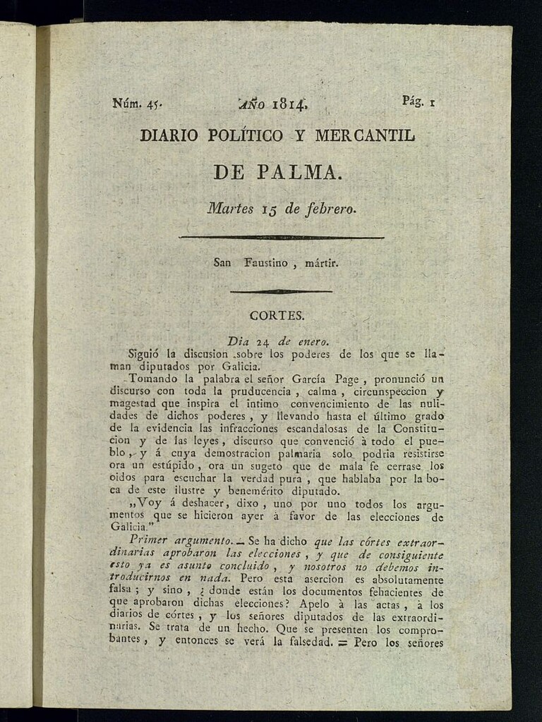 Miniatura de Diario Político y Mercantil de Palma del 15 de febrero de 1814, nº 45