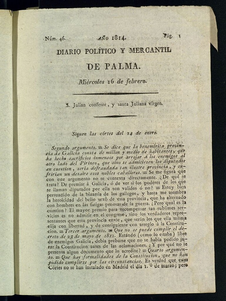 Miniatura de Diario Político y Mercantil de Palma del 16 de febrero de 1814, nº 46