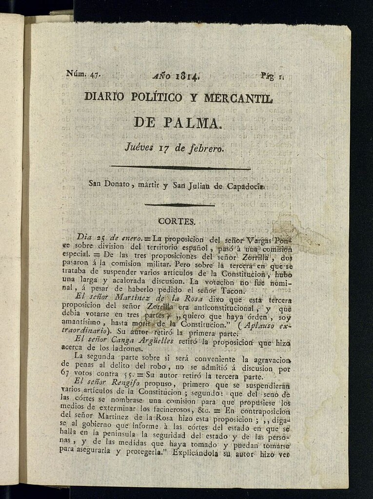Miniatura de Diario Político y Mercantil de Palma del 17 de febrero de 1814, nº 47