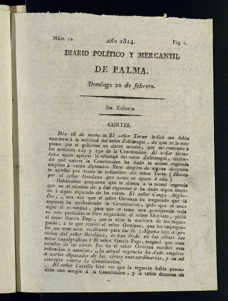 Miniatura de Diario Político y Mercantil de Palma del 20 de febrero de 1814, nº 50