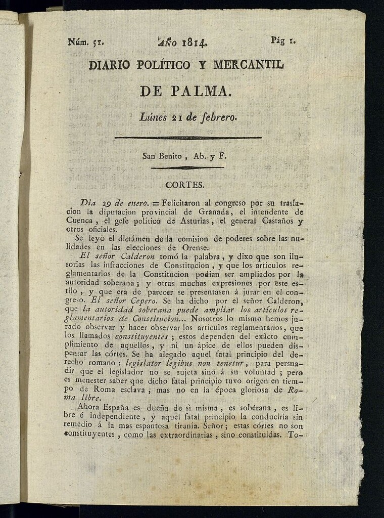 Miniatura de Diario Político y Mercantil de Palma del 21 de febrero de 1814, nº 51