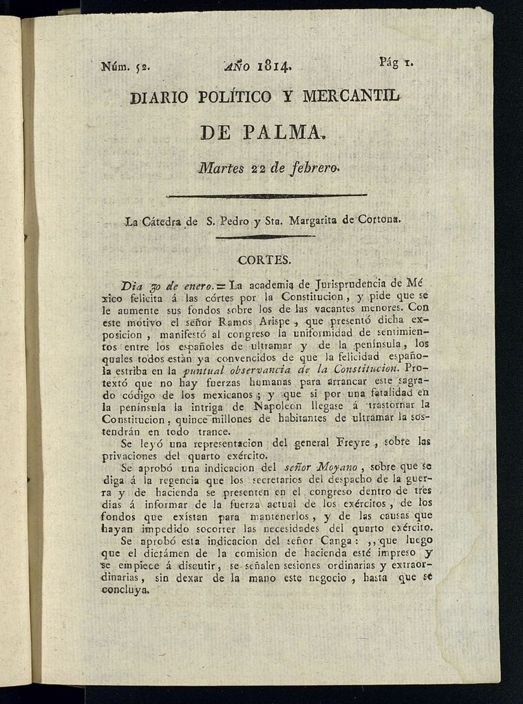 Miniatura de Diario Político y Mercantil de Palma del 22 de febrero de 1814, nº 52