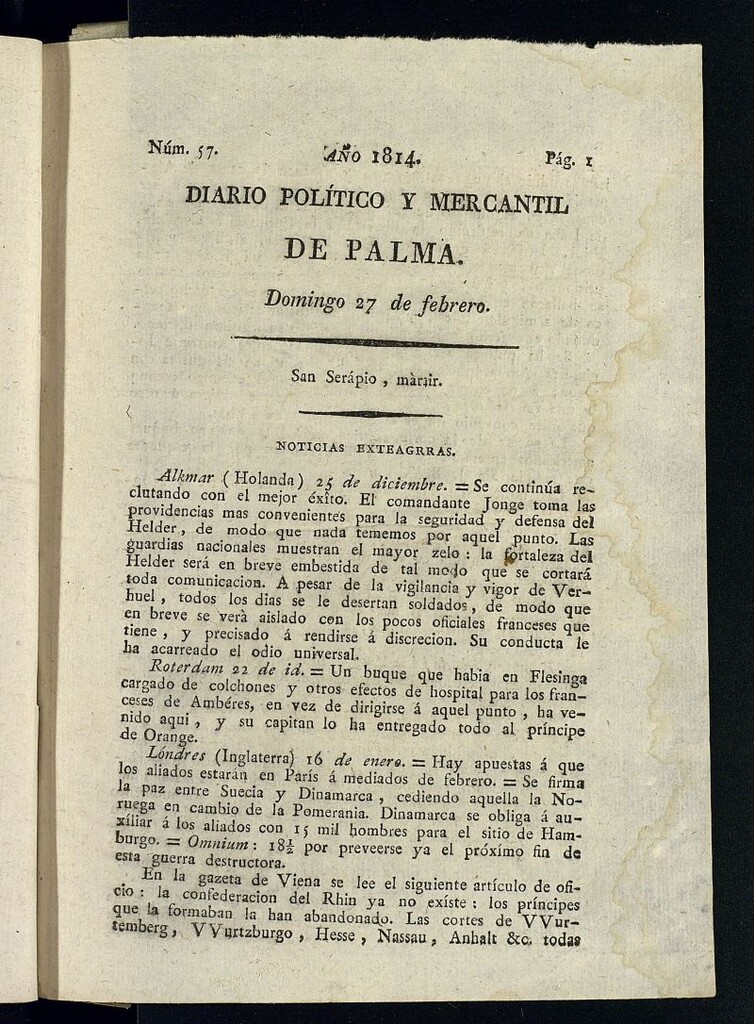 Miniatura de Diario Político y Mercantil de Palma del 27 de febrero de 1814, nº 57