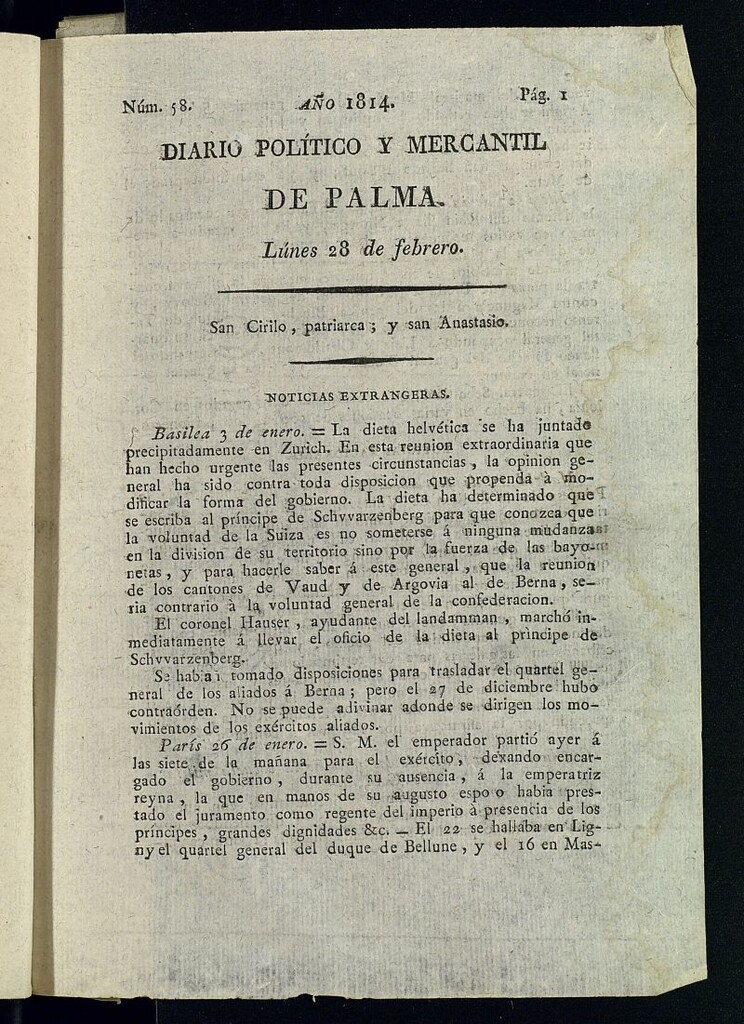 Miniatura de Diario Político y Mercantil de Palma del 28 de febrero de 1814, nº 58