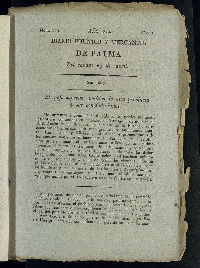 Miniatura de Diario Político y Mercantil de Palma del 23 de abril de 1814, nº 112