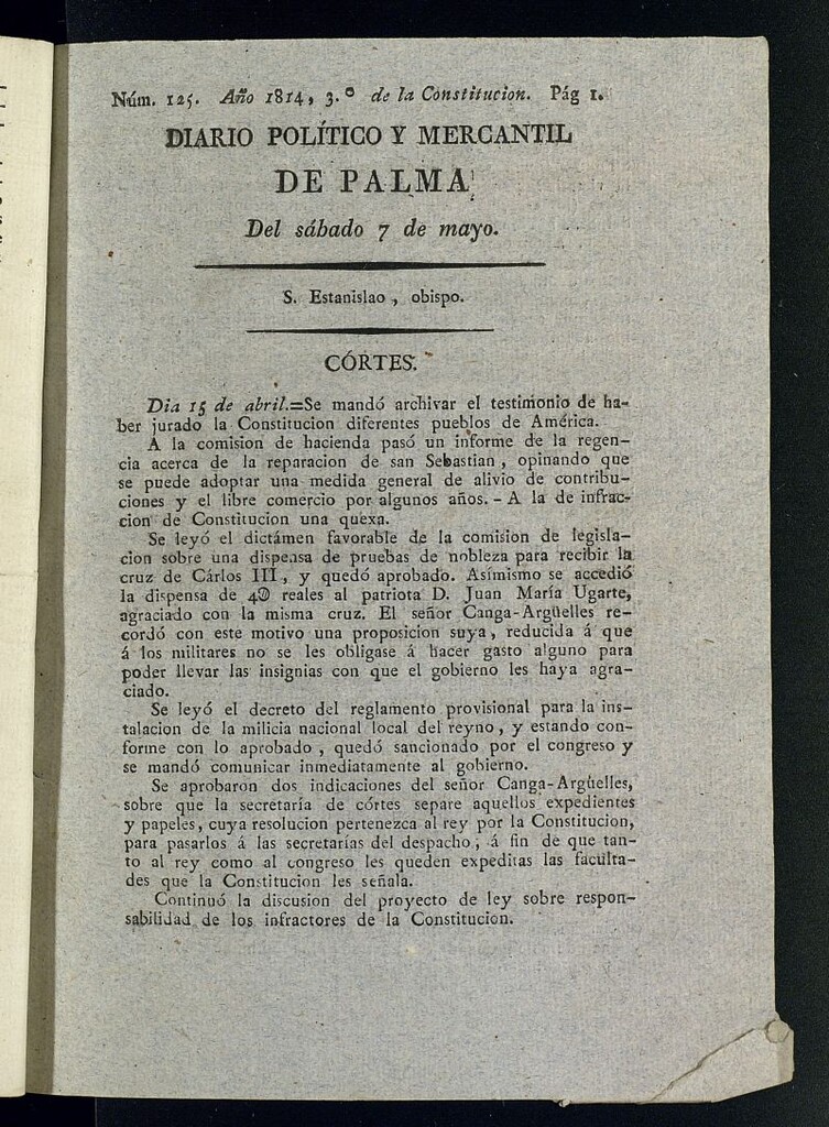 Miniatura de Diario Político y Mercantil de Palma del 7 de mayo de 1814, nº 125