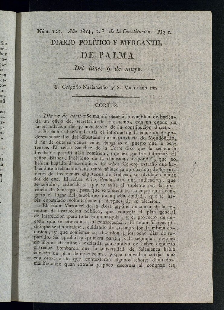 Miniatura de Diario Político y Mercantil de Palma del 9 de mayo de 1814, nº 127