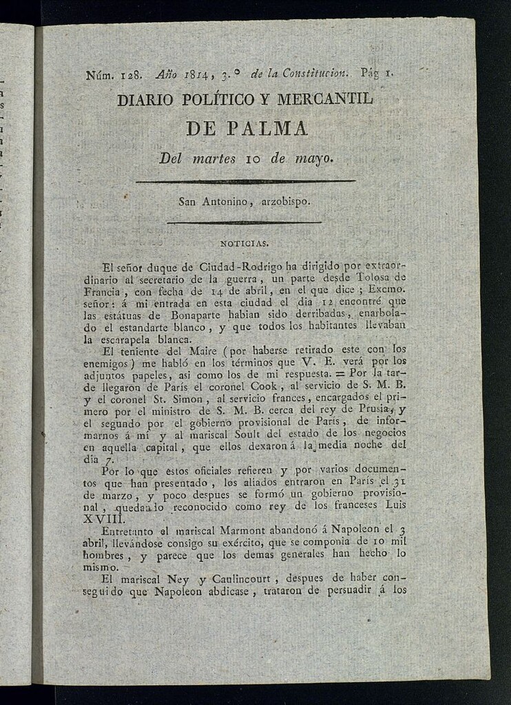Miniatura de Diario Político y Mercantil de Palma del 10 de mayo de 1814, nº 128