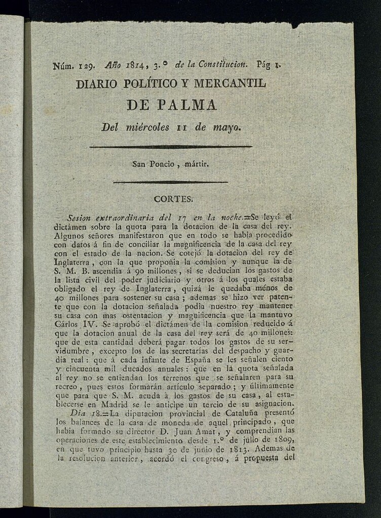 Miniatura de Diario Político y Mercantil de Palma del 11 de mayo de 1814, nº 129