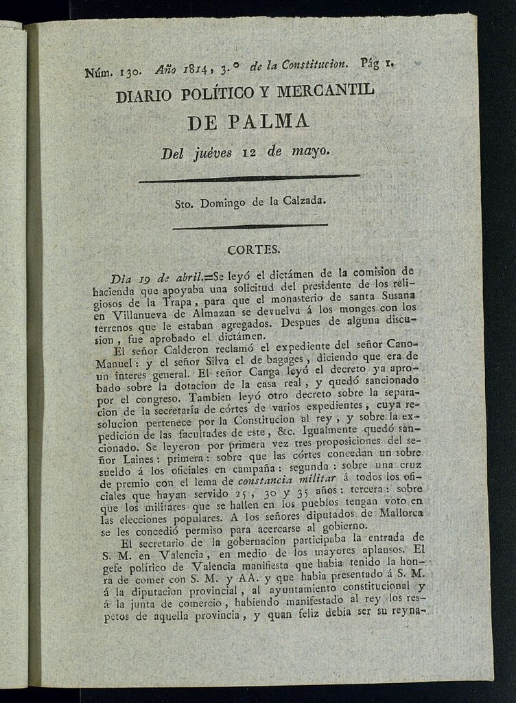 Miniatura de Diario Político y Mercantil de Palma del 12 de mayo de 1814, nº 130