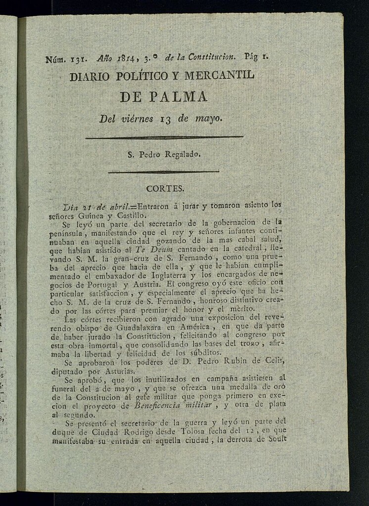 Miniatura de Diario Político y Mercantil de Palma del 13 de mayo de 1814, nº 131
