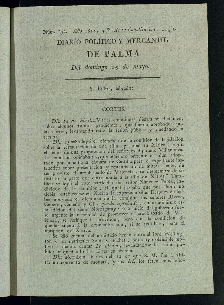 Miniatura de Diario Político y Mercantil de Palma del 15 de mayo de 1814, nº 133