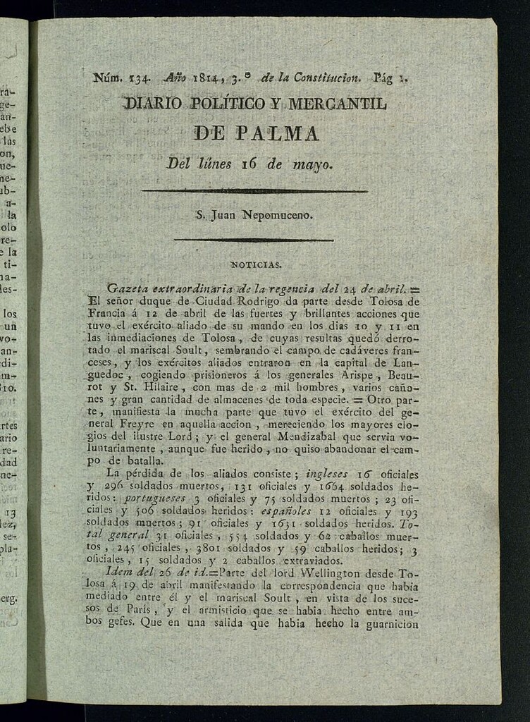 Miniatura de Diario Político y Mercantil de Palma del 16 de mayo de 1814, nº 134