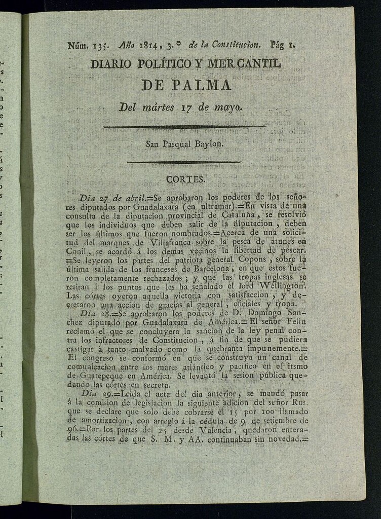 Miniatura de Diario Político y Mercantil de Palma del 17 de mayo de 1814, nº 135