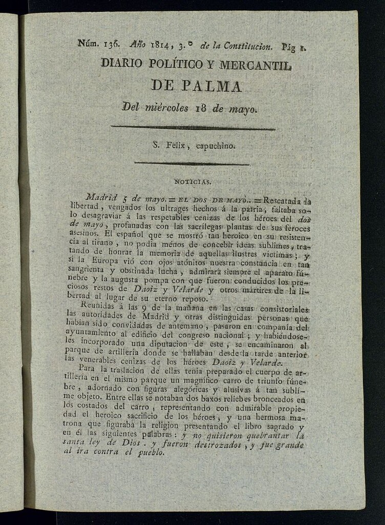 Miniatura de Diario Político y Mercantil de Palma del 18 de mayo de 1814, nº 136