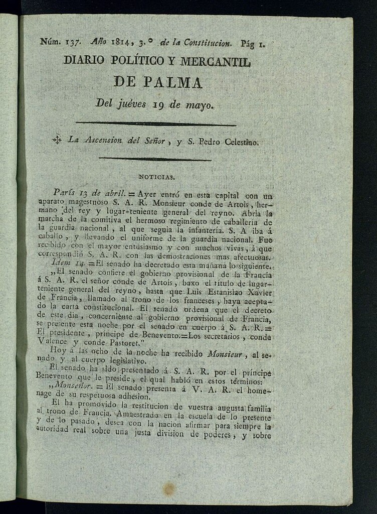Miniatura de Diario Político y Mercantil de Palma del 19 de mayo de 1814, nº 137