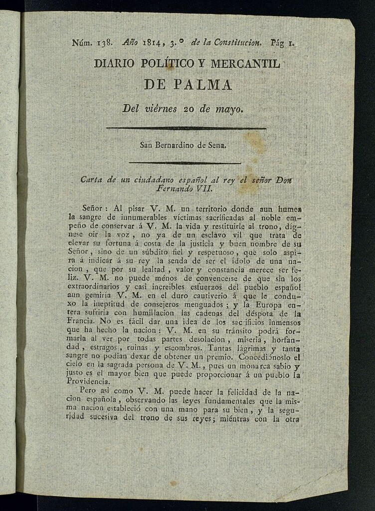 Miniatura de Diario Político y Mercantil de Palma del 20 de mayo de 1814, nº 138