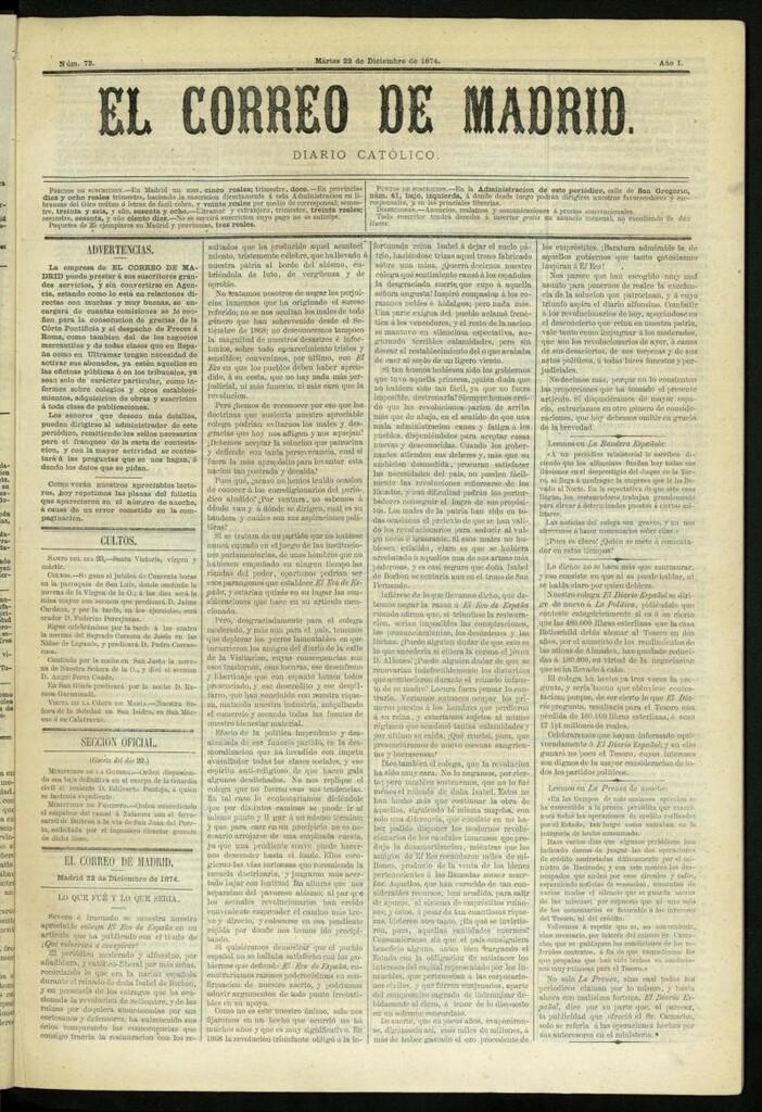 Miniatura de El Correo de Madrid : diario católico del 22 de diciembre de 1874, nº 72