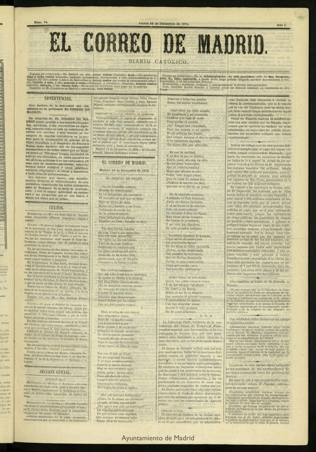 Miniatura de El Correo de Madrid : diario católico del 24 de diciembre de 1874, nº 74