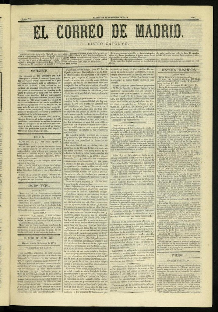Miniatura de El Correo de Madrid : diario católico del 26 de diciembre de 1874, nº 75