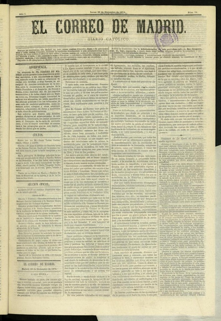 Miniatura de El Correo de Madrid : diario católico del 28 de diciembre de 1874, nº 76