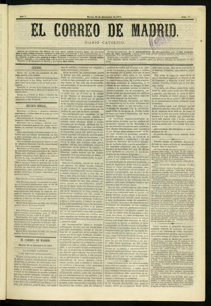 Miniatura de El Correo de Madrid : diario católico del 29 de diciembre de 1874, nº 77