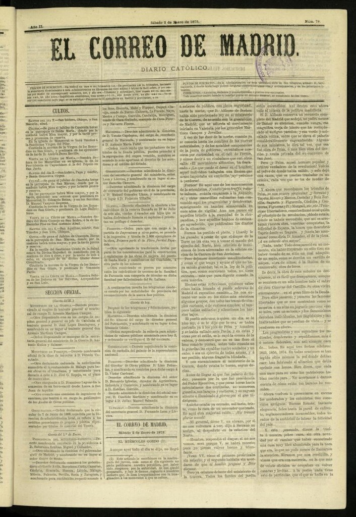 Miniatura de El Correo de Madrid : diario católico del 2 de enero de 1875, nº 79