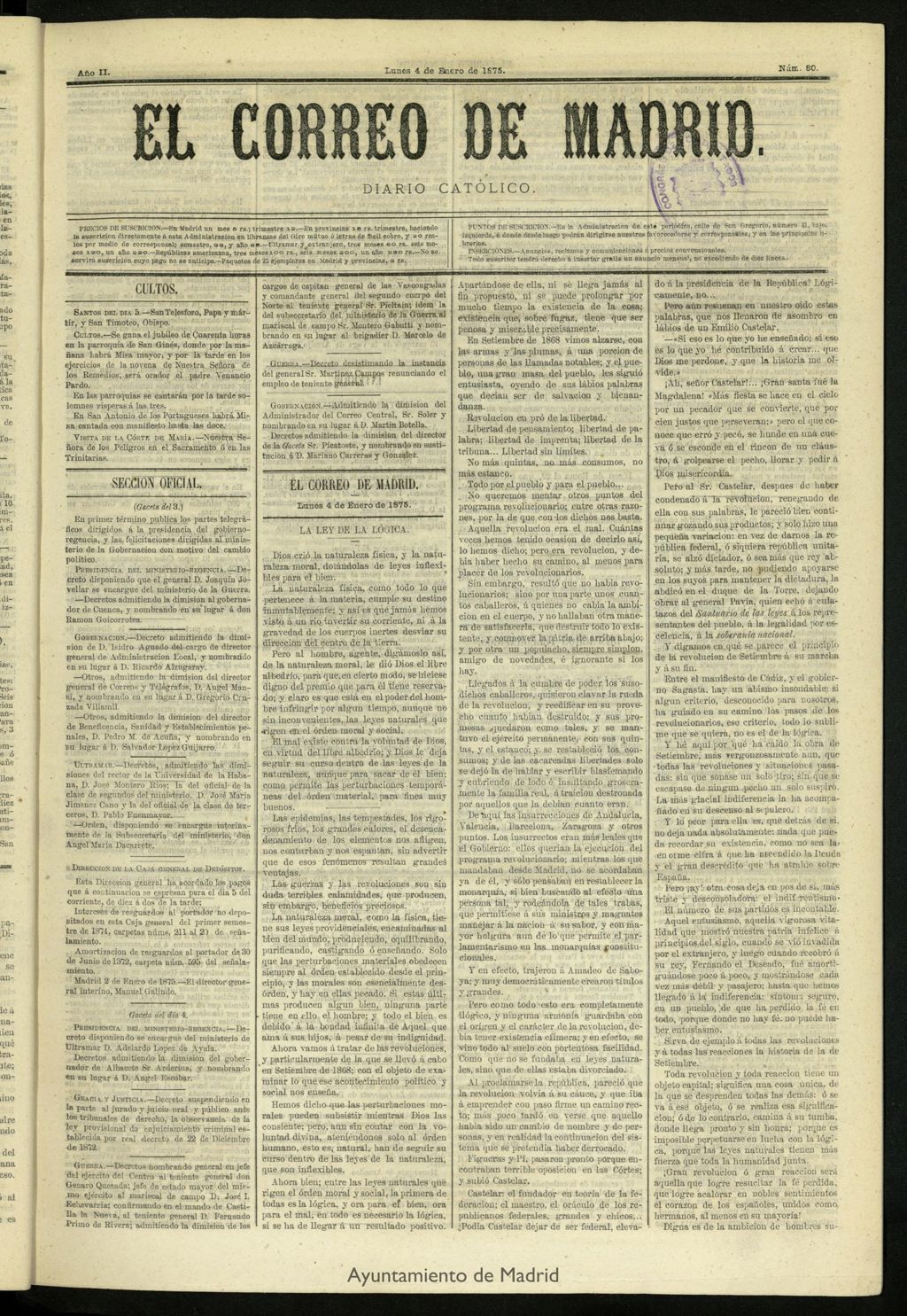 Miniatura de El Correo de Madrid : diario católico del 4 de enero de 1875, nº 80